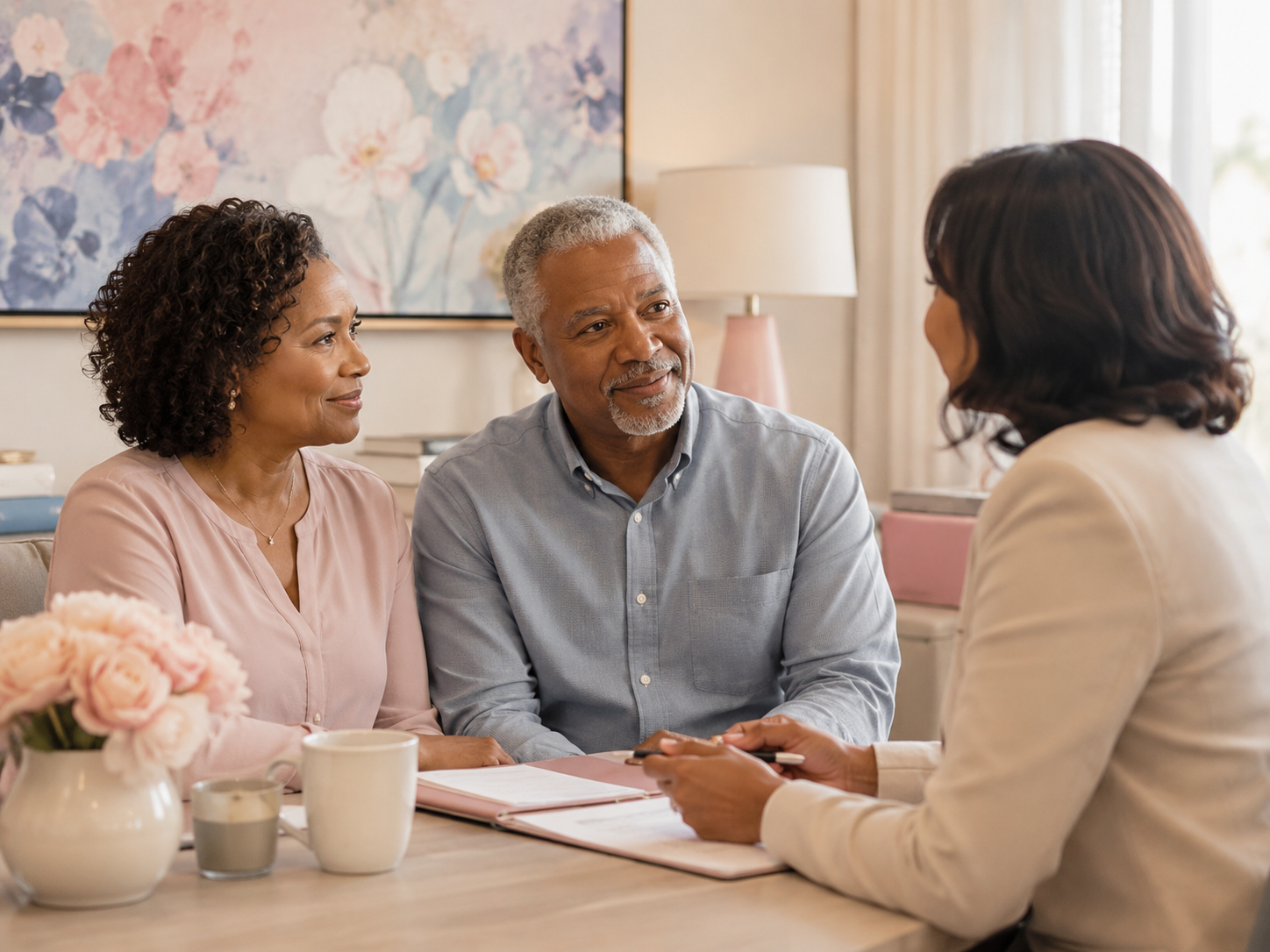 A couple meeting with a compassionate legacy planning consultant in a warm office